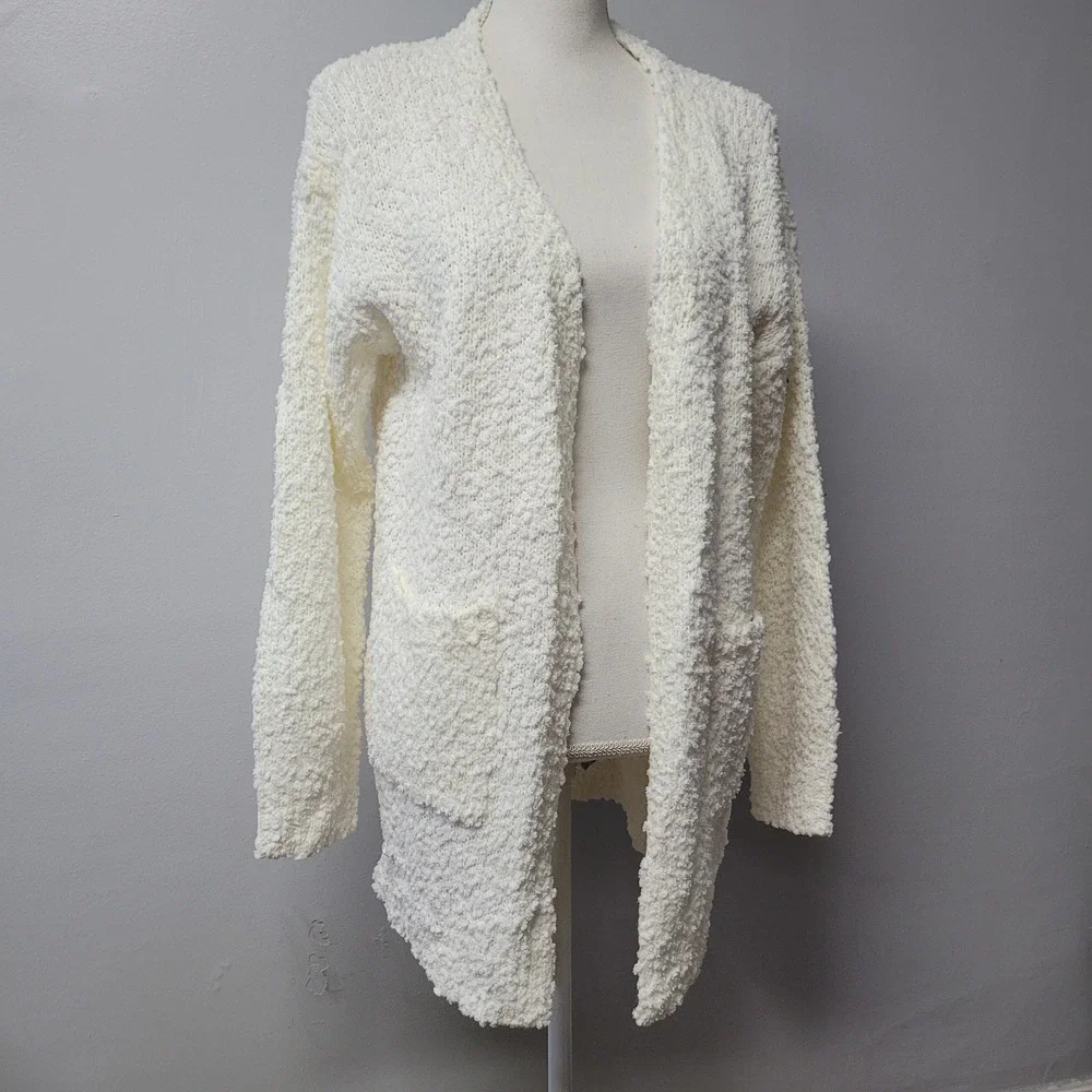 Jillumi Cream Textured Popcorn Knit Cardigan Sweater Fluffy Pockets Size L‎